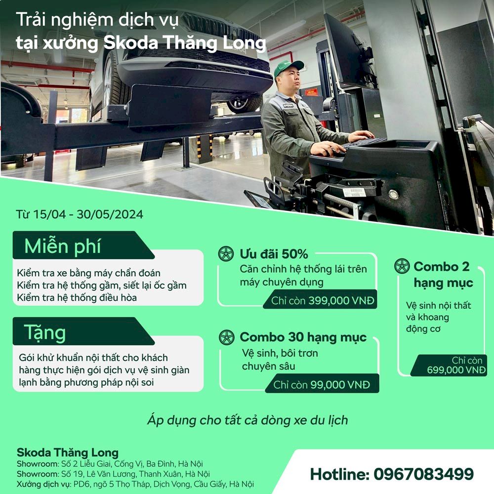 Xưởng dịch vụ Skoda Thăng Long triển khai chương trình bảo dưỡng ưu đãi hấp dẫn